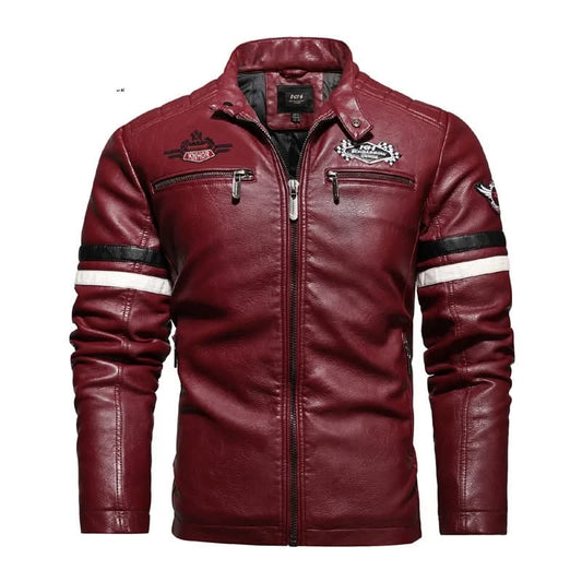 Men Biker Leather Jacket - Bomber Jacket with Embroidery Epaulette